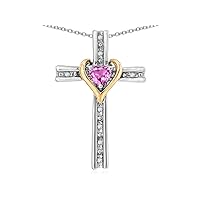 10k Yellow Gold Two Tone Love Cross with Heart Stone Pendant Necklace
