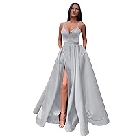 Women's Satin Prom Dresses Long Ball Gown V Neck High Slit Ruched Corset Formal Party Dress with Pockets