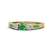 Emerald and Diamond Milgrain Work 3 Stone Ring with Side Emerald 0.80 ct tw in 14K Yellow Gold