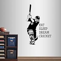 Wall Vinyl Decal Home Decor Art Sticker Eat Sleep Dream Cricket Quote Phrase Batsman Cricket Player Sports Sportsman Boy Man Room Removable Stylish Mural Unique Design 1718