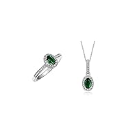 Matching Jewelry 14K White Gold Halo Pendant Necklace & Matching Ring. Gemstone & Diamonds, 18