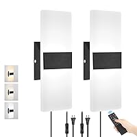 Plug in Wall Sconces with Stepless Adjustable 3000K-6500K Colors & 10%-100% Brightness,Wall Sconces Set of Two with Remote,12W Acrylic LED Plug in Wall Light,Hardwire or Plug-in (2 PACK,Black)