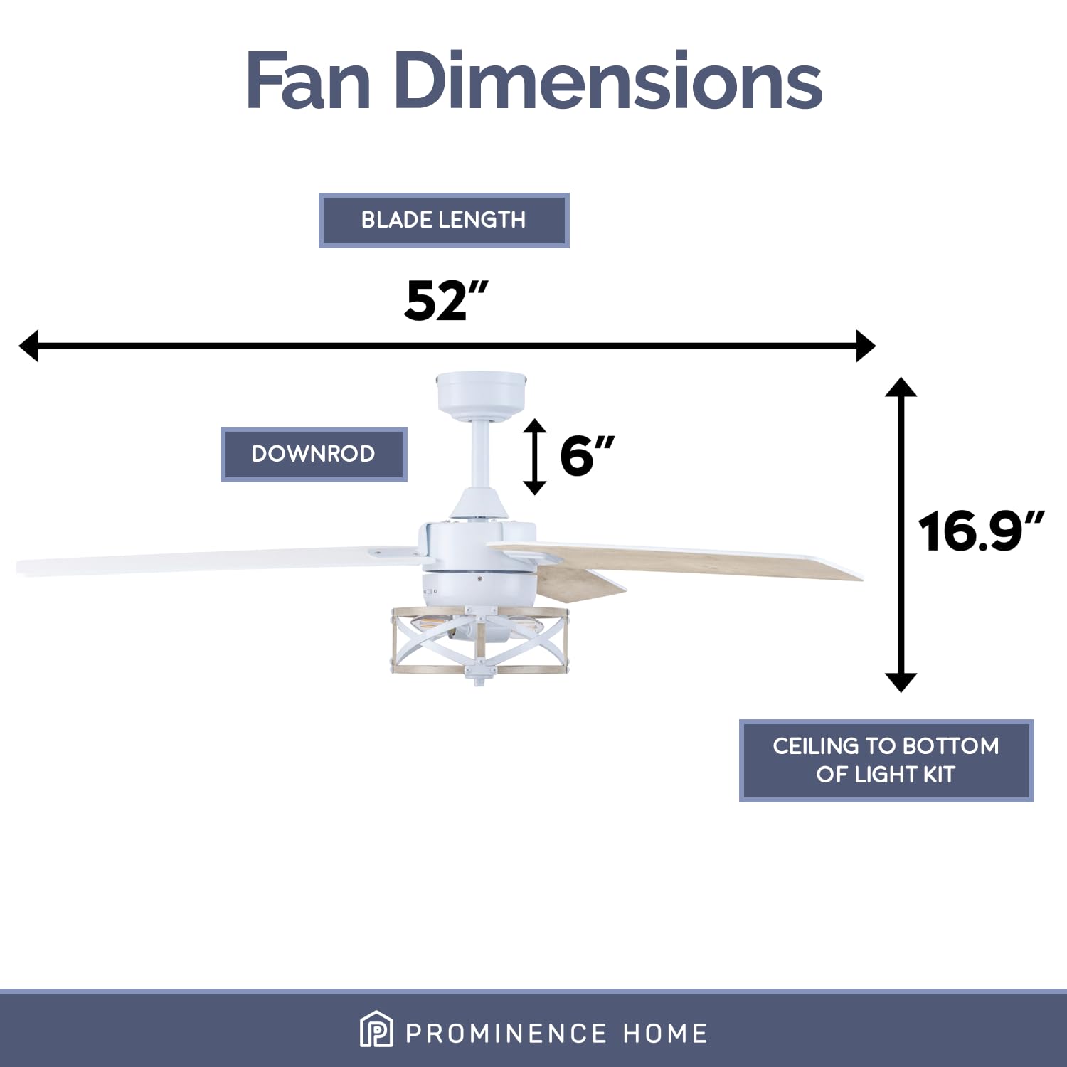 Prominence Home Thedas, 52 Inch Caged Indoor LED Ceiling Fan with Light, Remote, Dual Mounting Options, 3 Modern Dual Finish Blades, Reversible Motor