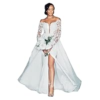 Plus Size Split Silk Lace Off Shoulder Bridal Ball Gown with Detachable Train Mermaid Wedding Dresses for Bride Long Sleeve