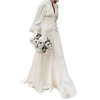Long Sleeves Wedding Dresses for Bride Satin Open Back A-Line Halter Neck Bridal Gown Floor-Length Formal Evening Party Gown H-Ivory