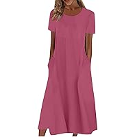Dresses for Women 2023 Short Sleeve Round Neck Pocket Dress Casual Floral Print Loose Fit Long Dress Oversized