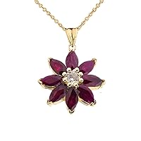 GENUINE RUBY AND DIAMOND DAISY PENDANT NECKLACE IN YELLOW GOLD - Gold Purity:: 10K, Pendant/Necklace Option: Pendant Only