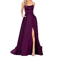 Prom Dresses 2024 Long Elegant Backless Long Crisn Satin Spaghetti Dress Side Slit Wedding Dress with Pockets