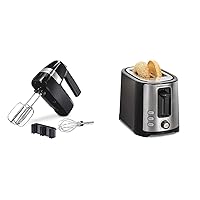 Hamilton Beach Electric Hand Mixer, 6 Speeds + Stir Button, 300 Watts of Peak Power for Powerful & 2 Slice Extra Wide Slot Toaster with Bagel & Defrost Settings, Shade Selector, Toast