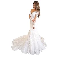 Women's V Neck Mermaid Bridal Gowns Train Lace Long Sleeve Wedding Dresses for Bride 2022