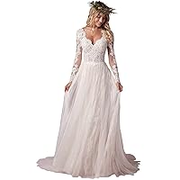 Tsbridal Beach Wedding Dress Long Sleeves Round Neck Lace Wedding Gowns