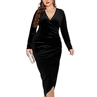 TINSTREE Womens Plus Size Long Sleeve Velvet Bodycon Dresses Sexy Ruched Wrap Deep V Neck Party Cocktail Dress