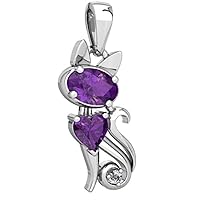 1 Carat Oval & Heart Shape Simulated Violet Amethyst Kitten Pendant With 18 Rope Chain In 14K White Gold Plated 925 Sterling Silver