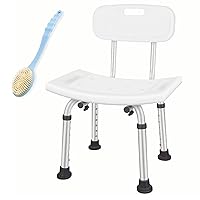 Bath Shower Safety Chair Seat with Bath Brush, Adjustable and Anti-Slip Bench Bathtub Stool for Elderly or Seniors (White ShowerChair with Back, White)