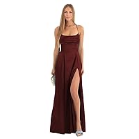 Cowl Neck Satin Bridesmaid Dresses with Slit 2023 Spaghetti Straps Ruched Long Formal Dress