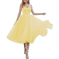 Tulle Prom Dresses for Women Satin Spaghetti Strap Tea Length Ruffle Ball Gown Long Formal Evening Dress PA622