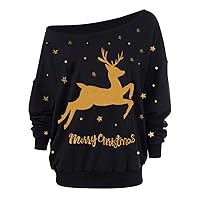 Women's Sexy Off The Shoulder Sweatshirt Christmas Print Comfortable Long Sleeve Tee Outerwear Top Warm Pullover