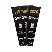 VIBES Rolling Papers King Size pre Rolled Cones, Organic, Hemp, Rice Paper with Natural Arabic Gum, Chlorine Free Technology- 3 Pack 9 Cones (Ultra-Thin)