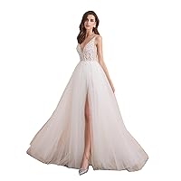 V Neck Summer Wedding Dress White High Splits Beaded Beading Pearls Crystal A Line Backless Bridal Gown Bridesmaid Dress