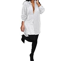 Women Sparkly Plus Size Lapel Button Down Shirt Dress Sequin Glitter Long Sleeve Mini Dresses