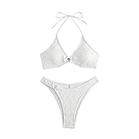 GORGLITTER Women's Heart Ring Bikini Set High Waisted Thong Swimsuit Textured Wireless Bra Bathing Suit