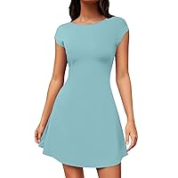 My Orders Summer Mini Dresses for Women 2024 Crewneck Cap Sleeve Going Out a Line Dress Flare Short Sleeve Stretchy Mini Basic Dresses Lightning Deals of Today Prime(2-Sky Blue,X-Large)