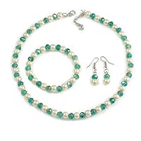Avalaya 8mm/Green Glass Bead and White Faux Pearl Necklace/Flex Bracelet/Drop Earrings Set - 43cm L/4cm Ext