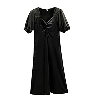 Women's Summer Dresses 2023 Square Neck Puff Short Sleeve Elegant Bodysuit Midi Dress