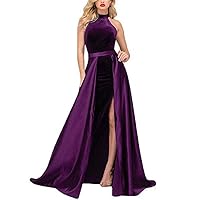 Women's Halter Split Long Prom Dresses Velvet Mermaid Evening Dresses with Detachable Train Purple