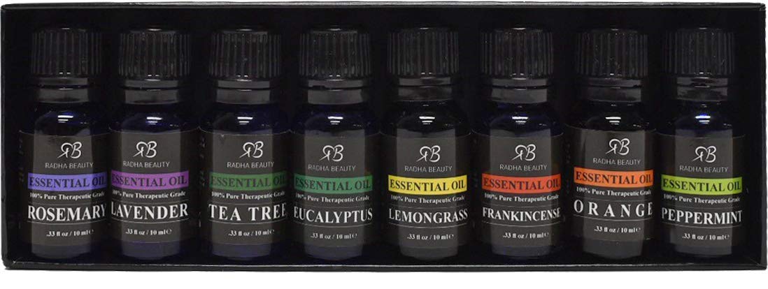 Aromatherapy Top 8 Essential Oil and Diffuser Gift Set - Peppermint, Tea Tree, Lavender & Eucalyptus - Auto Shut-off and 7 Color LED Lights - Therapeutic Grade Oils by Radha Beauty