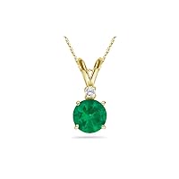 May Birthstone - Natural Round Diamond Accented Emerald Solitaire Pendant AA Quality in 18K Yellow Gold From 3MM - 5.5MM