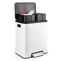 White Trash Can Kitchen, Trash Can Dual Compartments, Double Trash Can with Recycling Bin Combo, 30 Liter (2 x 15 Liter)