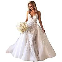 Spaghetti Strap Sequins Lace Applique Bridal Gowns Detachable Train Mermaid Wedding Dresses for Bride Plus Size
