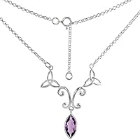 Sterling Silver Celtic Trinity Triquetra Knot Necklace with 12x6mm Marquise cut Gemstone, 16-17 inch long