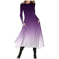 Cocktail Dresses for Women 2024 Spring Casual Long Sleeve O Neck Swing Dress High Waist Flowy Wedding Guest Dresses