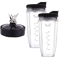 Blender Replacement Parts for Ninja, 2 24oz Cups with To-Go Lids, 7 Fins Extractor Blade, for Nutri Ninja Auto iQ BN801 BL480-30 BL640-30 BL642-30 NN100-30 BL2012 (2 Pack)