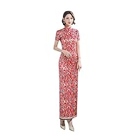 Traditional Chinese Women Cheongsam Improved Retro Chinoiserie Style Slim Red Oriental Fairy Wedding Dress