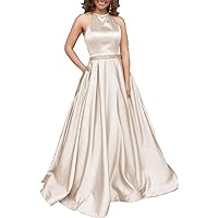 Women's A-line Beaded Satin Evening Prom Dresses Long Halter Formal Gowns with Pockets