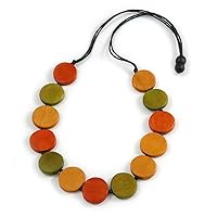 Avalaya Worn Effect Orange/Olive/Light Brown Wood Button Bead Necklace with Black Cotton Cord - 74cm Long Adjustable