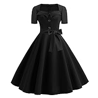 Women 1950s Vintage Rockabilly Cocktail Dresses Button Square Neck Tea Party Dress Bow Knot Belted A-Line Swing Dress
