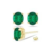 May Birthstone - Lab Created Oval Cut Emerald Scroll Stud Earrings in 14K Yellow Gold Available in 5x3mm - 10x8mm