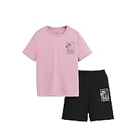 MakeMeChic Boy's 2 Piece Outfit Tropical Print Short Sleeve Crew Neck Tee Shirts and Track Shorts Set