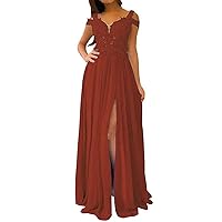 Women's Lace Off Shoulder Bridesmaid Dresses Long Chiffon Party Prom Dress with Slit