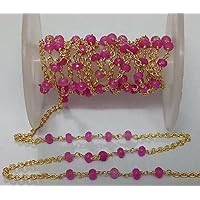 5 Feet Long gem Fuchsia Pink Chalcedony 3mm rondelle Shape Faceted Cut Beads Wire Wrapped Gold Plated Rosary Chain for Jewelry Making/DIY Jewelry Crafts CHIK-ROS-CH-56034
