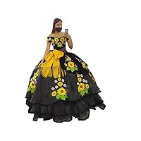 Black Velvet Ball Gown Prom Evening Formal Dresses Yellow Sunflower Embroidered Corset Top Off The Shoulder Organza Ribbon Bows Lace up Back Quinceanera Quinceanera Dress Cheap 20W