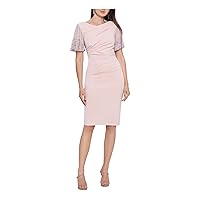 Betsy & Adam Women's Short Ruched Crepe W/Beaded Flutter Sleeve