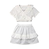 24 Month Girl Clothes Girls Summer Ruffled Edge V Neck Short Sleeved Short Style Top A Swing Skirt (White, 6-12 Months)
