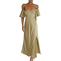 Women's Off Shoulder Tube Dress Strapless Solid Side Slit Dress Elastic Waist Short Sleeve Maxi Dress Party Club Dresses(,)