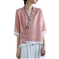 Chinese Ethnic Style Top Spring Summer Women's Retro Buckle Lace Up Embroidery Cotton Linen Top Tea Dress Hanfu