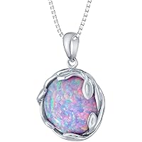 PEORA 3 Carats Created Purple Lilac Fire Opal Pendant Necklace for Women 925 Sterling Silver, 14mm Round Shape Olive Leaf Vine Solitaire, October Birthstone Jewelry, with 18 inch Chain